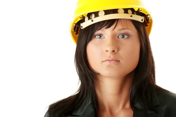 若い女性建築家やビルダー イエロー ハート帽子をかぶっています。 — ストック写真