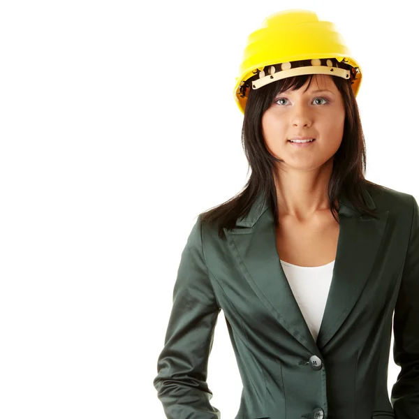Genç kadın mimar veya sarı hart şapka Oluşturucu — Stok fotoğraf