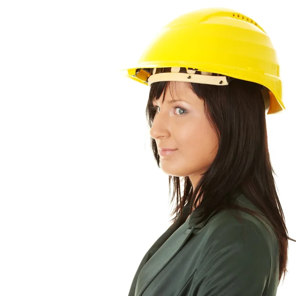 Νεαρή Γυναίκα Αρχιτέκτονας Οικοδόμος Φορώντας Ένα Καπέλο Κίτρινο Hart Ένα — Φωτογραφία Αρχείου