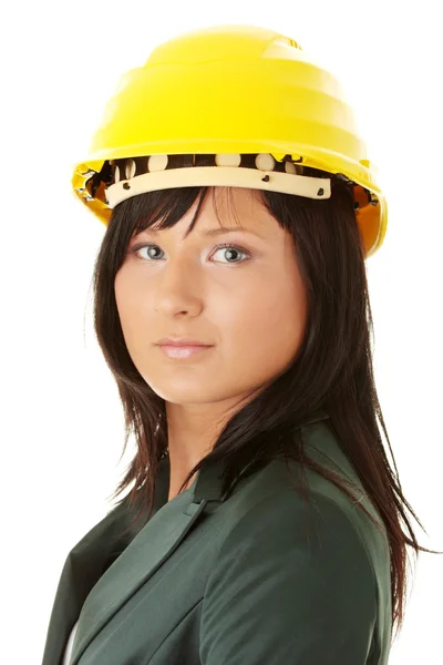 Junge Architektin Oder Bauarbeiterin Mit Gelbem Bollenhut Auf Einer Baustelle — Stockfoto