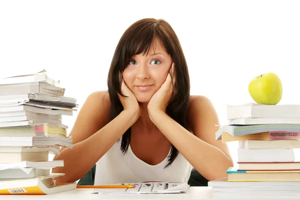 Junge Frau Studiert Schreibtisch Isoliert Auf Weißem Hintergrund — Stockfoto