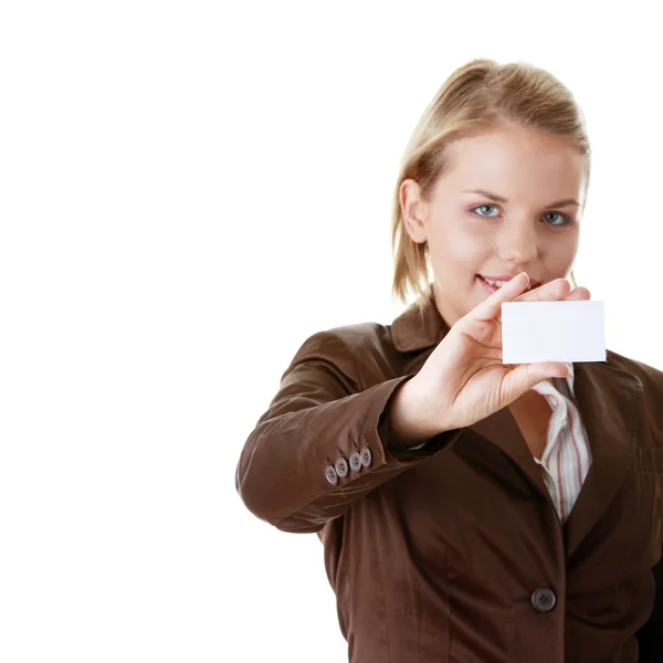 Senhora Com Cartão Visita Branco Isolado Fundo Branco — Fotografia de Stock