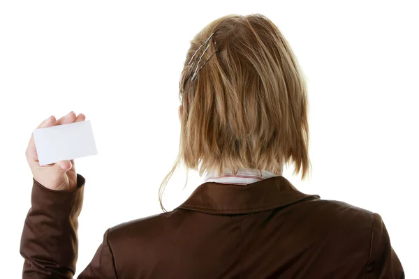 Senhora com cartão de visita em branco — Fotografia de Stock