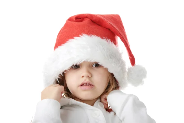 Portret Van Een Jarige Meisje Kerstman Hoed Geïsoleerd Witte Achtergrond — Stockfoto