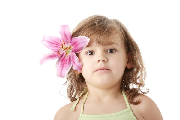 Porträt Eines Jährigen Mädchens Mit Lilienblüte Isoliert Auf Weißem Hintergrund — Stockfoto