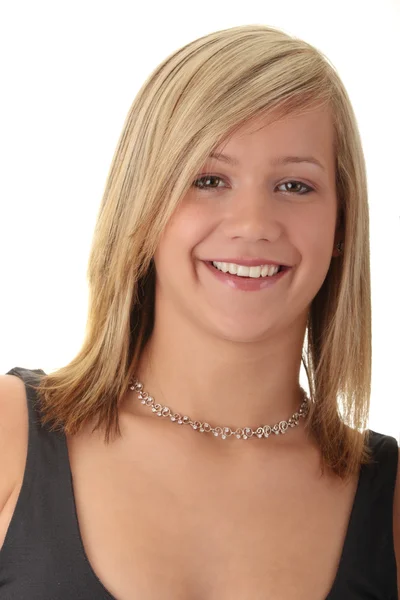 Mooie tiener jonge blonde meisje in het grijs elegante jurk — Stockfoto