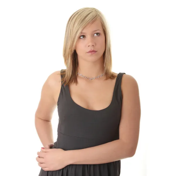 Krásné Dospívající Mladá Blondýnka Černé Elegantní Šaty Izolovaných Bílém Pozadí — Stock fotografie