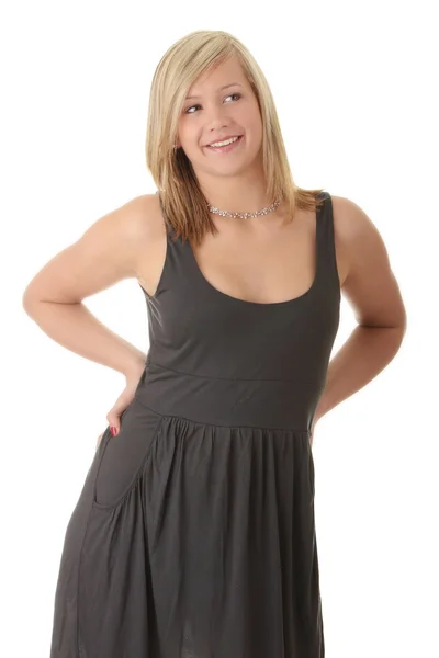 Vacker tonåring ung blond flicka i grå elegant klänning — Stockfoto