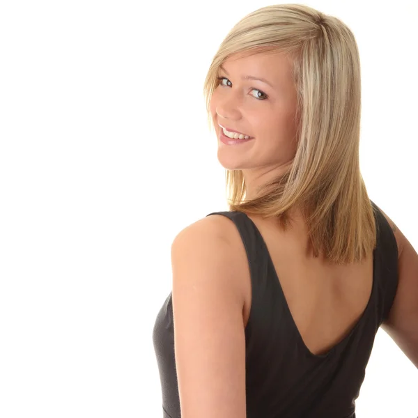 Красива дівчина-підліток молода блондинка в сірій елегантній сукні — стокове фото