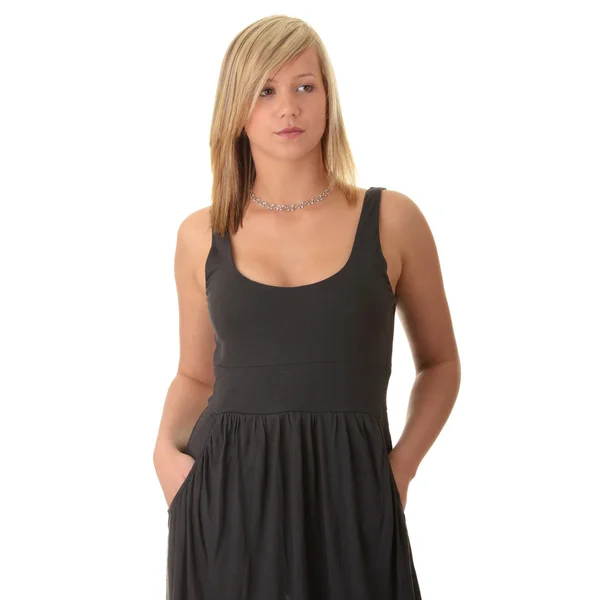 Krásné dospívající Mladá blondýnka v šedé elegantní šaty — Stock fotografie