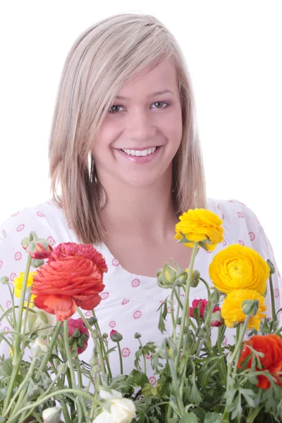 Blond Kvinna Gömmer Sig Bakom Färgstarka Blommor Isolerad Vit Bakgrund — Stockfoto