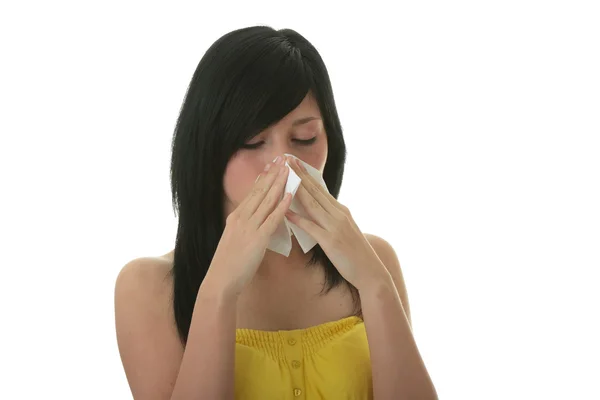 Jonge Vrouw Met Allergie Koude Bedrijf Zakdoek Geïsoleerd Witte Achtergrond — Stockfoto