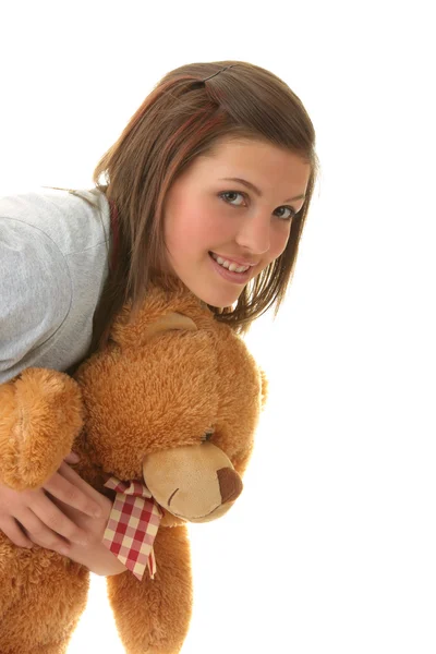 Schöner Teenager Mit Einem Teddybär Isoliert Auf Weißem Hintergrund — Stockfoto