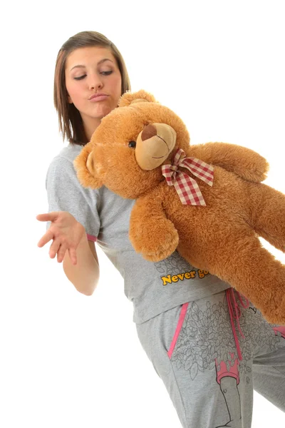 Beautiful Teenager Holding Teddy Bear Isolated White Background — Zdjęcie stockowe