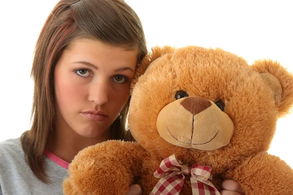 Vacker Tonåring Håller Nallebjörn Isolerad Vit Bakgrund — Stockfoto