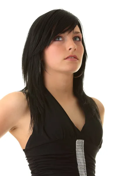 Siyah şık elbiseli güzel genç genç kız — Stok fotoğraf