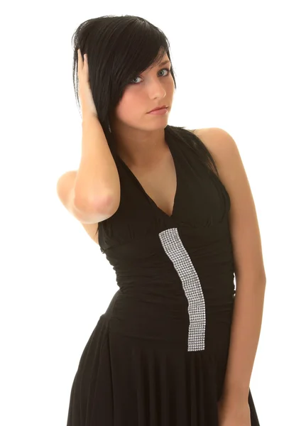 Beautiful Teenager Young Girl Black Elegant Dress Isolated White Background — Stock Photo, Image