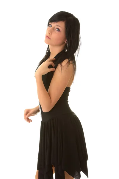 Όμορφο Έφηβο Νεαρή Κοπέλα Μαύρο Κομψό Φόρεμα Που Απομονώνονται Λευκό — Φωτογραφία Αρχείου