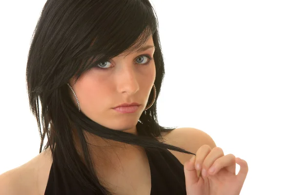 Gyönyörű Tizenéves Fiatal Lány Fekete Elegáns Ruha Elszigetelt Fehér Background — Stock Fotó
