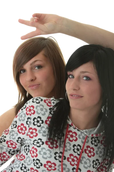 Estúdio Tiro Dois Bela Jovem Feliz Isolado Branco Irmãs — Fotografia de Stock