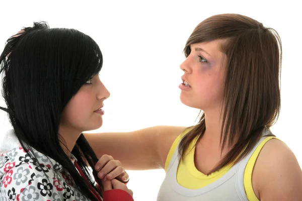 Dois Jovens Adolescentes Irmãs Lutando Isolados Branco — Fotografia de Stock
