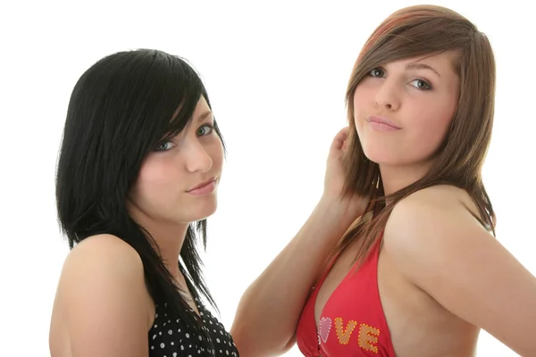 Dois Adolescentes Amigos Meninas Irmãs Biquíni Maiôs Isolados Fundo Branco — Fotografia de Stock