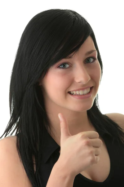 有吸引力的年轻女子 在白色背景上显示出来的拇指的肖像 — 图库照片