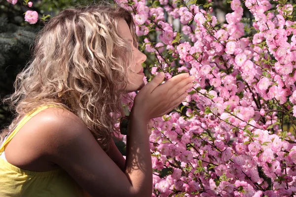 Schöne blonde Frau zwischen rosa Blumen — Stockfoto