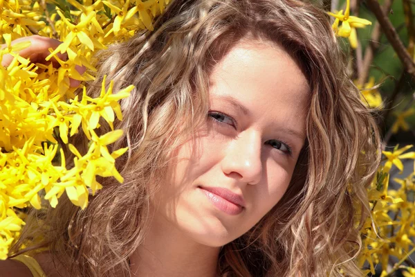 Blond ung kvinde i gul forsythia blomster - Stock-foto
