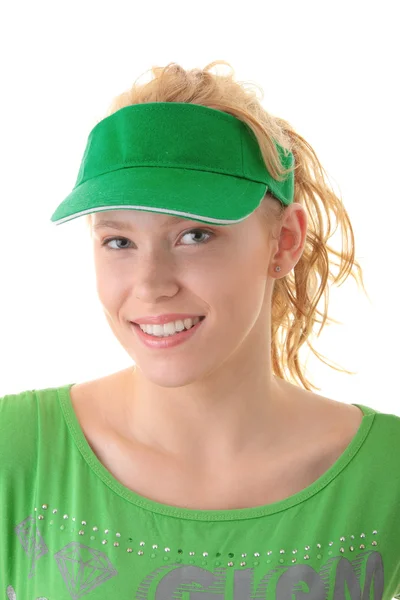 Jonge Mooie Blonde Vrouw Met Groene Kap Geïsoleerd Witte Achtergrond — Stockfoto