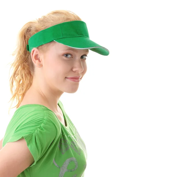 若いです美しいですブロンド女性とともに緑の帽子隔離された白い背景 — ストック写真