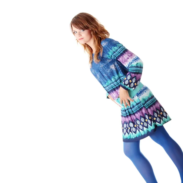 Teen Girl Blue Dress Blue Stockings Isolated — Stock Photo, Image