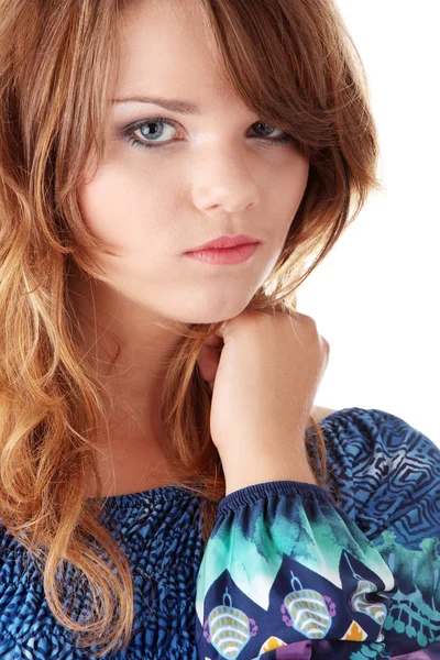 Chica Adolescente Vestido Azul Medias Azules Aisladas —  Fotos de Stock