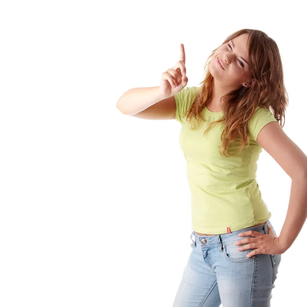 Young and beautiful female pointing up — Stock Photo, Image