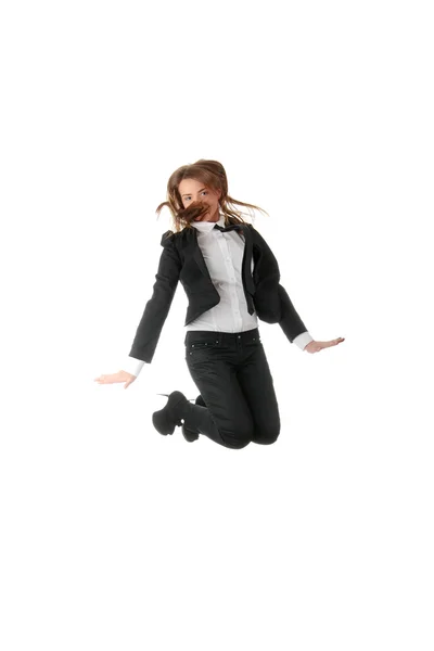 Een Zakenvrouw Springen Met Handen Lucht Geïsoleerd — Stockfoto
