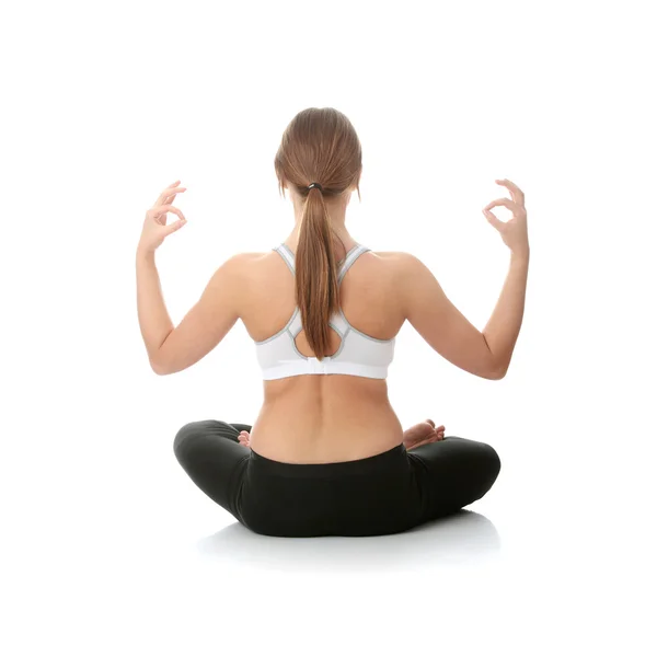 Bella Giovane Donna Che Esercizio Yoga Isolato — Foto Stock