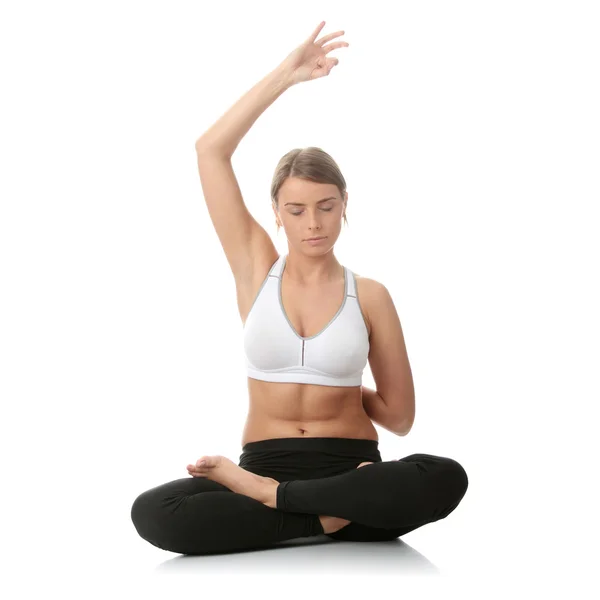 Belle Jeune Femme Faisant Exercice Yoga Isolé — Photo