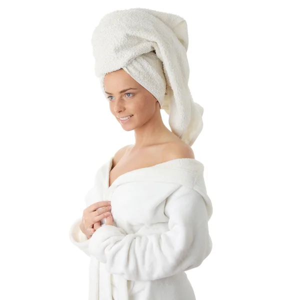 Retrato Anos Bela Mulher Vestindo Roupão Banho Isolado Branco — Fotografia de Stock