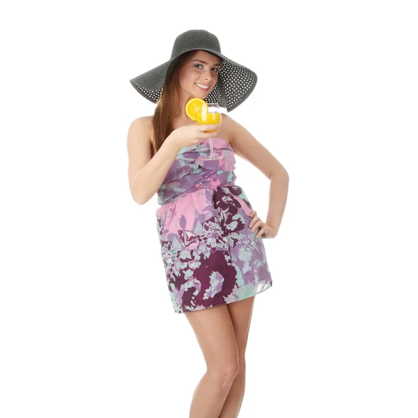 Foto Der Schönen Frau Mit Einem Orangefarbenen Cocktail Isoliert Auf — Stockfoto