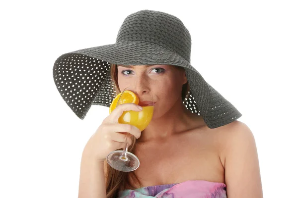 Photo Beautiful Woman Holding Orange Cocktail Isolated White — Stock Photo, Image