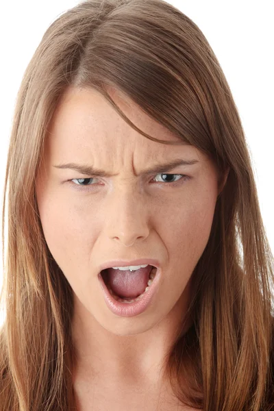 Beyaz Arka Plan Üzerinde Izole Kızgın Genç Kadın — Stok fotoğraf