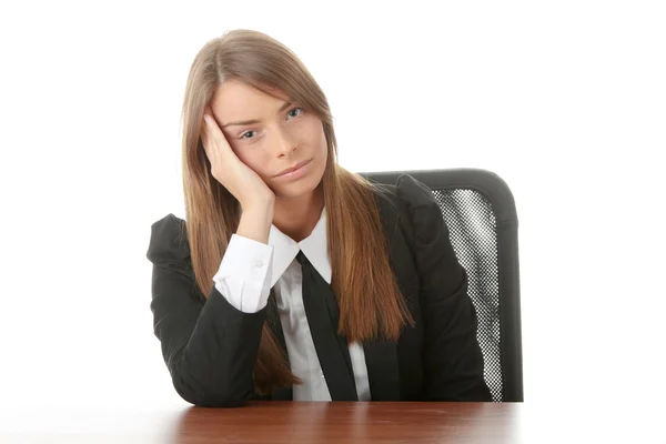 Stressed Young Woman Sitting Desk Isolated White — Stock Photo, Image