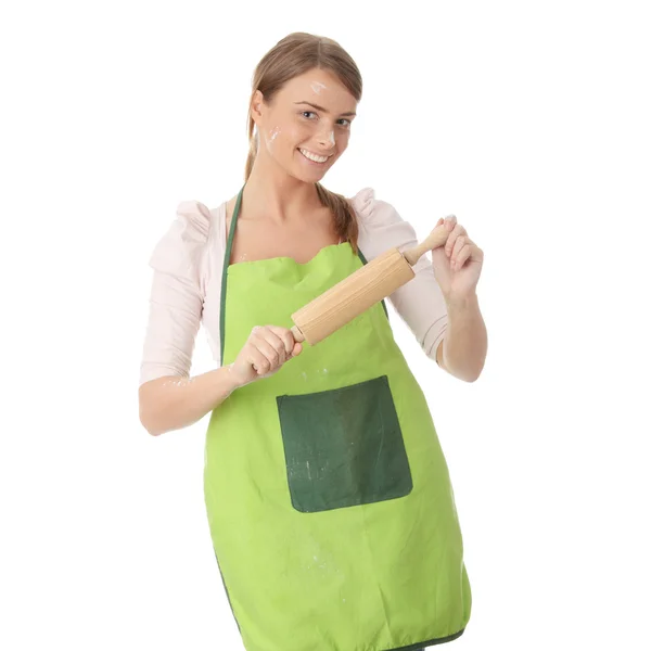 Junge Hausfrau Der Küche Isoalted Auf Weißem Hintergrund — Stockfoto
