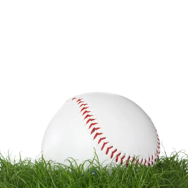 Uma Bola Beisebol Grama Isolada Fundo Branco — Fotografia de Stock