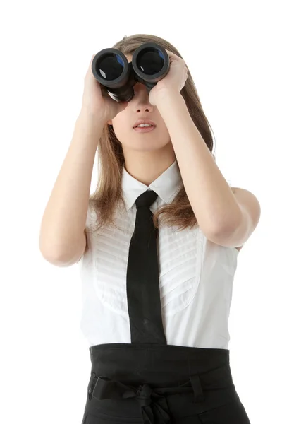 Young Caucasian Businesswoman Looking Binocular Isolated White Background — Stock Photo, Image
