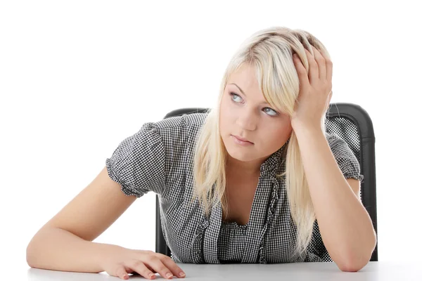 Closeup Portrait Young Woman Sitting Hands Desk Dreaming — Stock Photo, Image