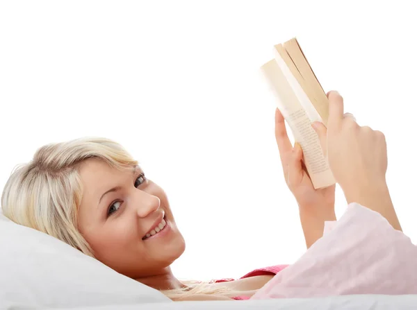 Happy blond caucasian woman reading book — Stock Photo, Image