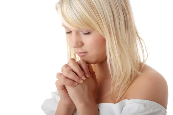 Крупним Планом Портрет Молодої Білої Жінки Яка Молиться Ізольовано Білому — стокове фото