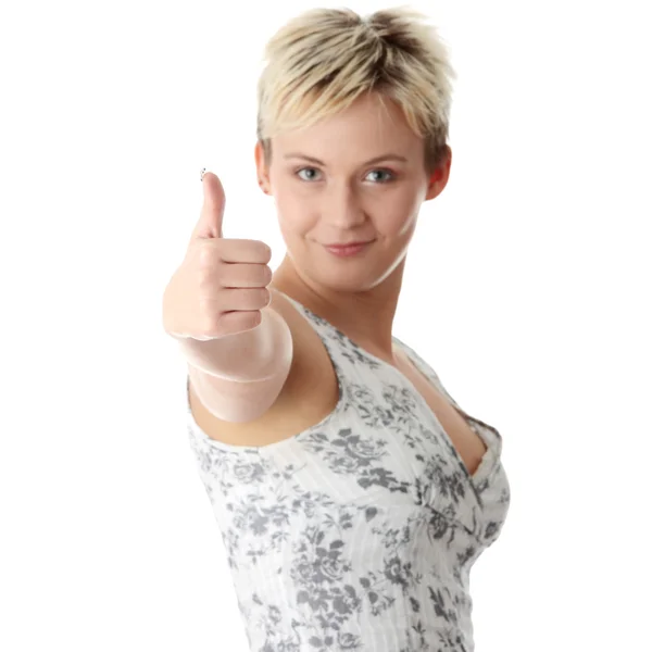 Žena ukazuje palec nahoru znamení — Stock fotografie
