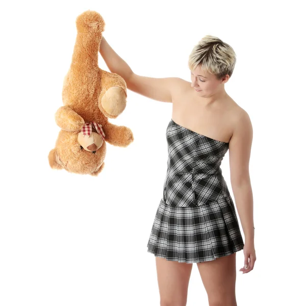 朋克少女与孤立在白色背景上的玩具熊 — 图库照片